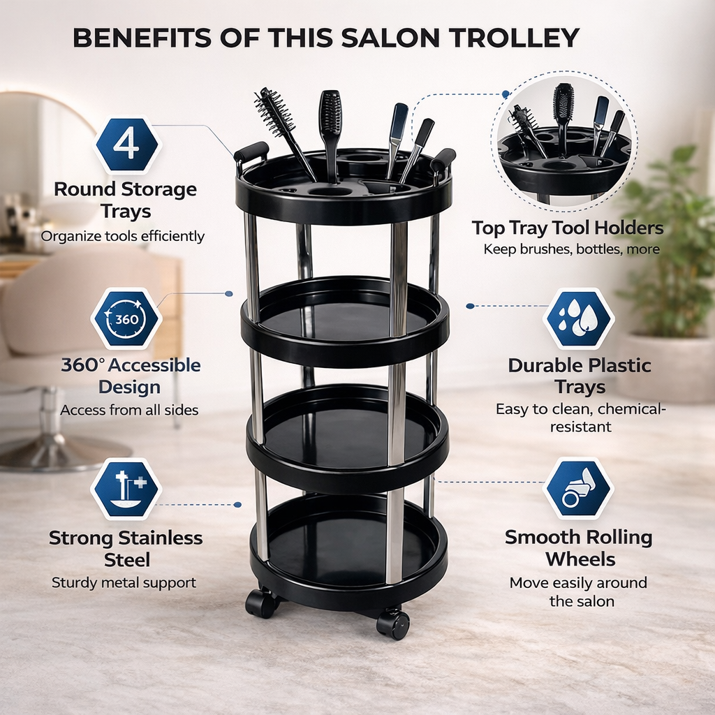 Salon trolley with features highlighted on a blurred salon background