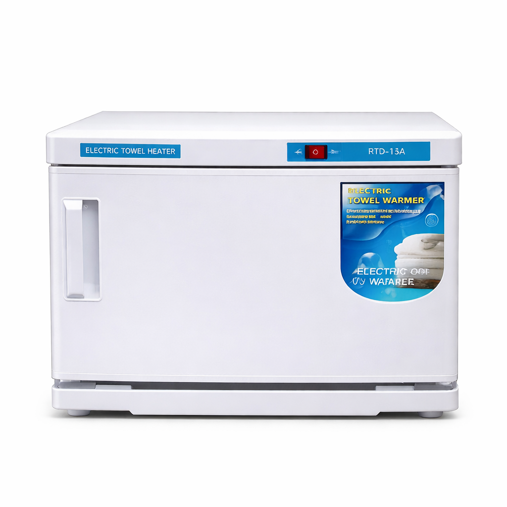 Electric towel heater with a label on a white background