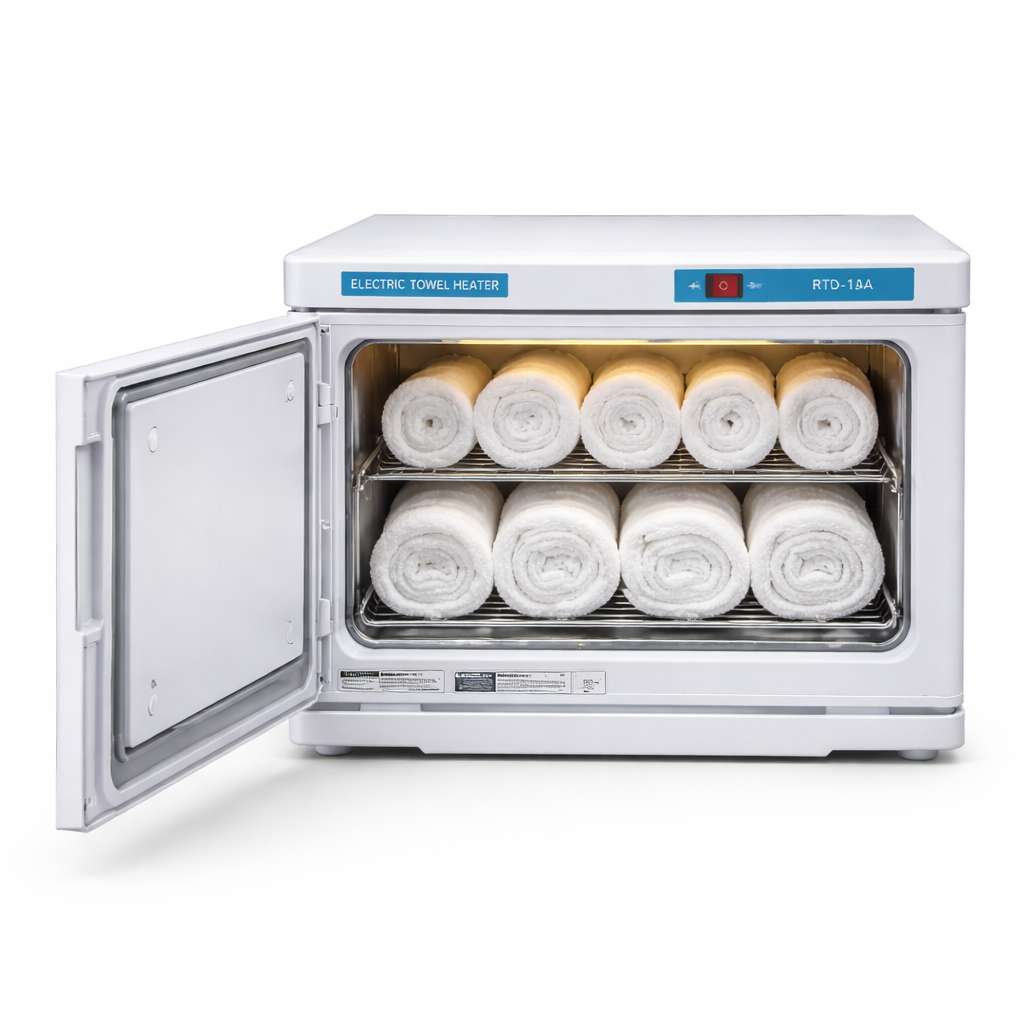 Electric towel heater with rolls of towels inside on a white background