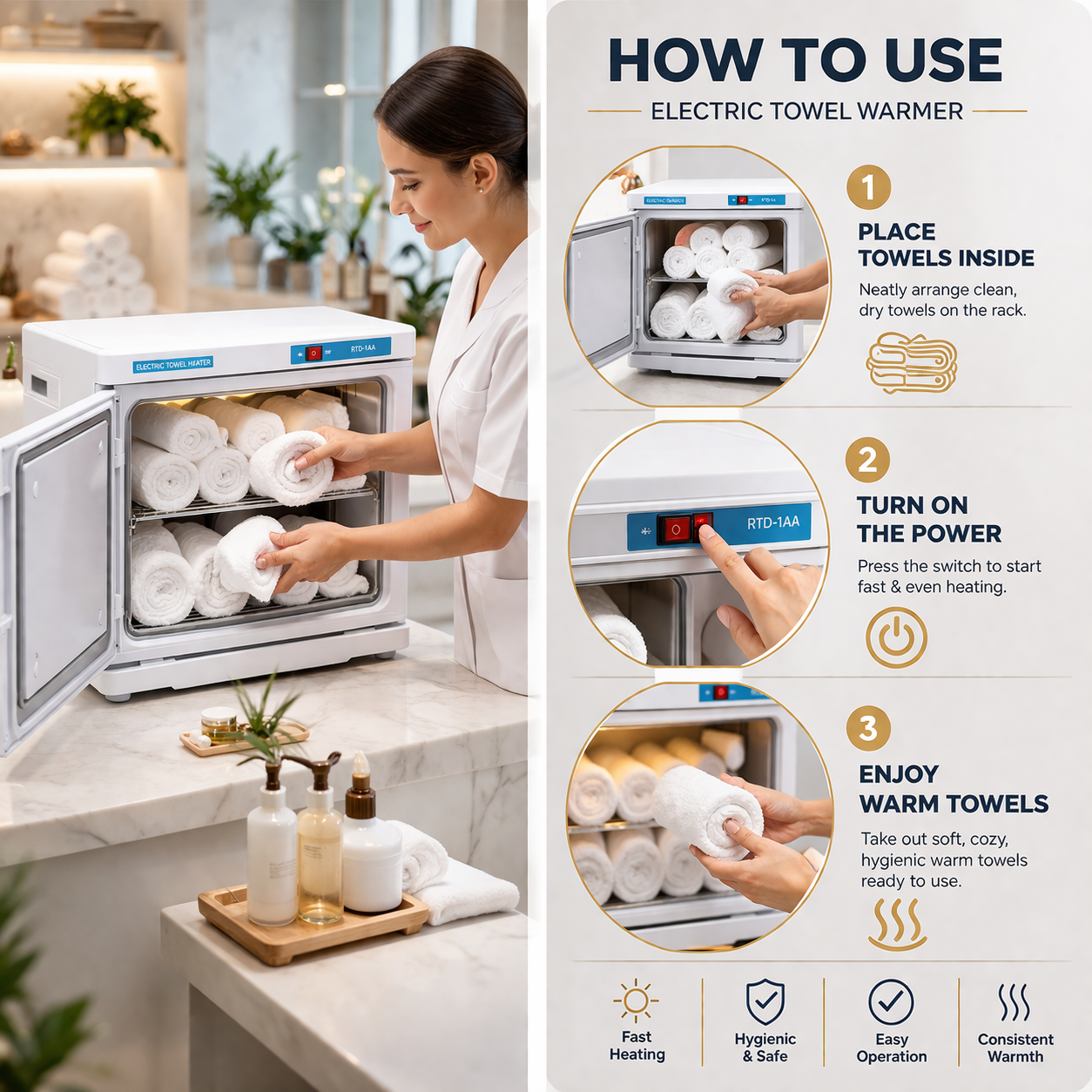 Electric towel warmer being used with step-by-step instructions on how to operate it.