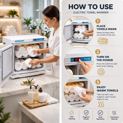 Electric towel warmer being used with step-by-step instructions on how to operate it.