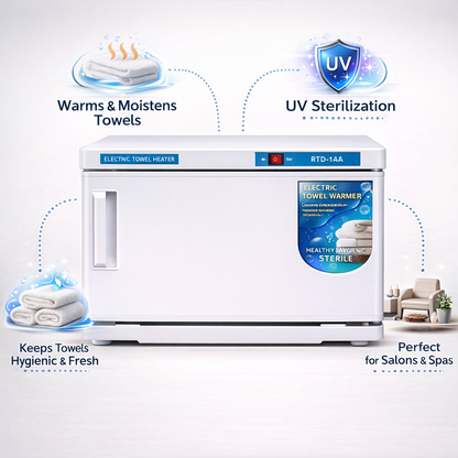 Electric towel warmer with UV sterilization feature on a white background