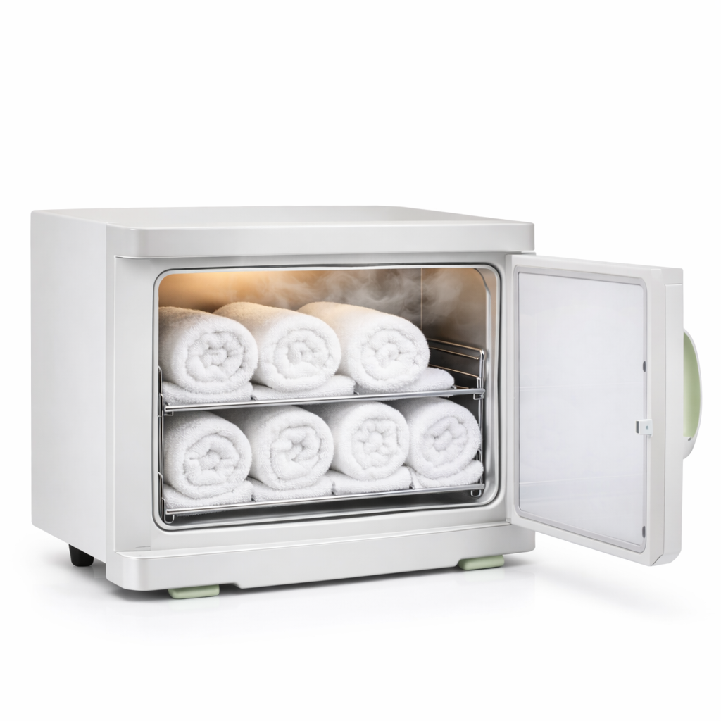 White towel warmer with towels inside on a white background