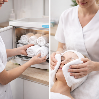Person using a towel dryer and then using a towel to dry a person's face.