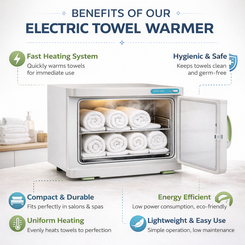 Electric towel warmer with benefits listed on a white background