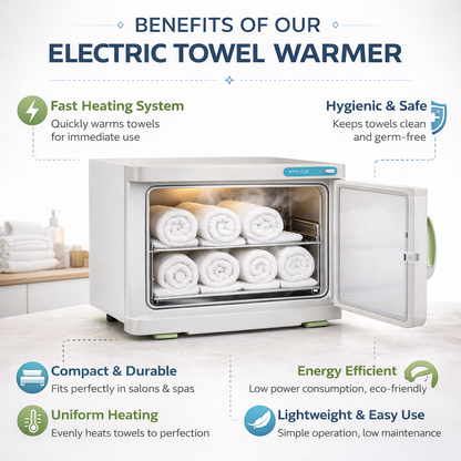 Electric towel warmer with benefits listed on a white background