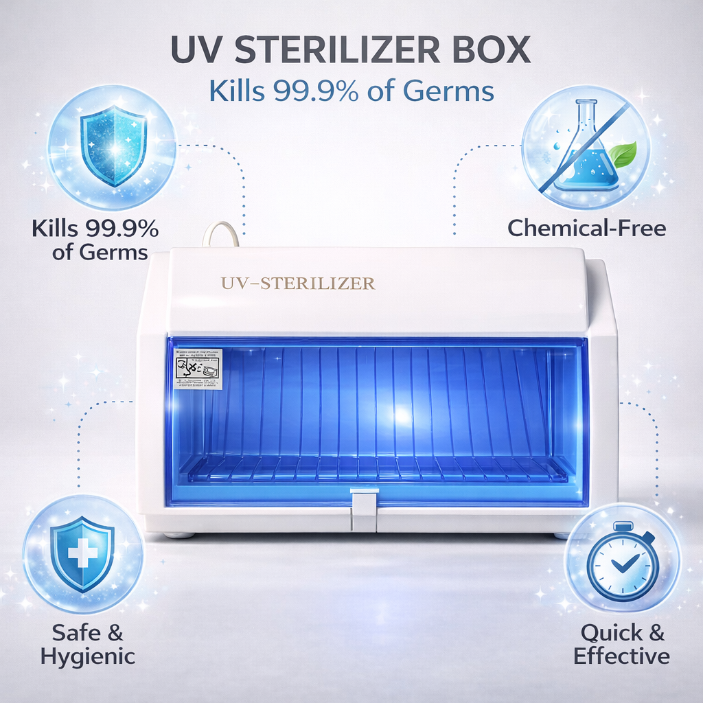 UV sterilizer box with features highlighted on a light gray background