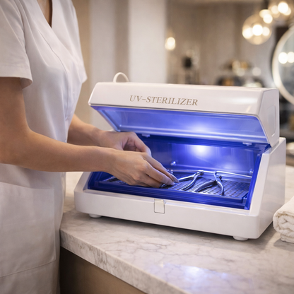 Person using a UV sterilizer on a countertop
