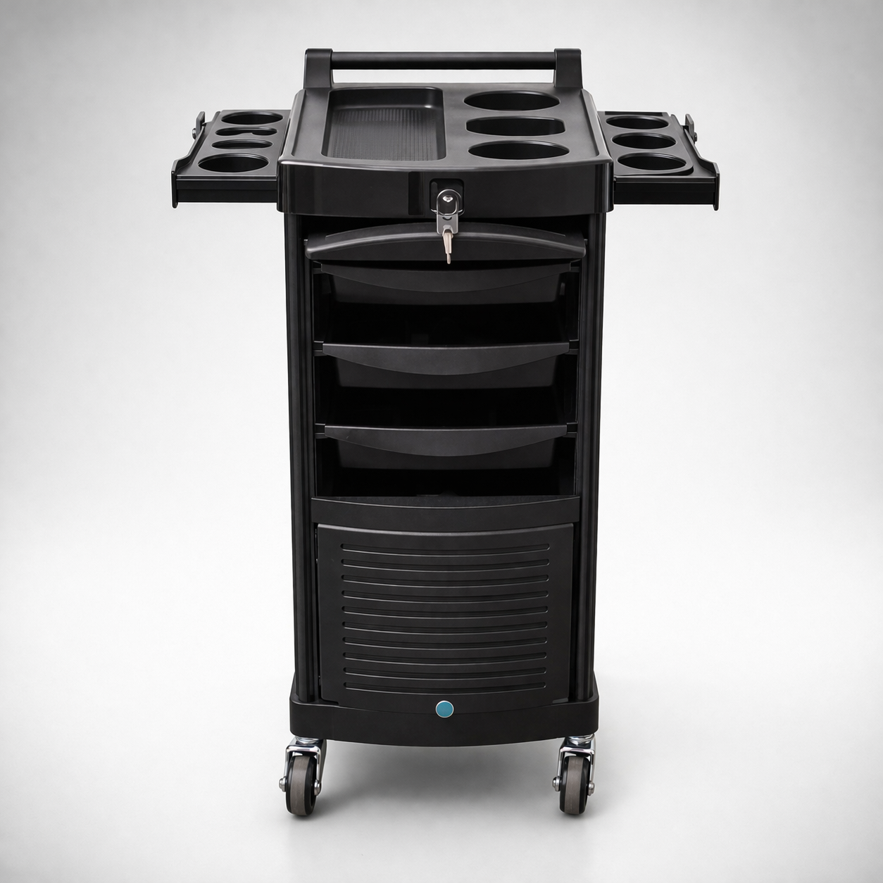 Black rolling cart with multiple cup holders and a drawer on a white background
