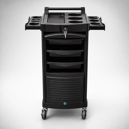 Black rolling cart with multiple cup holders and a drawer on a white background