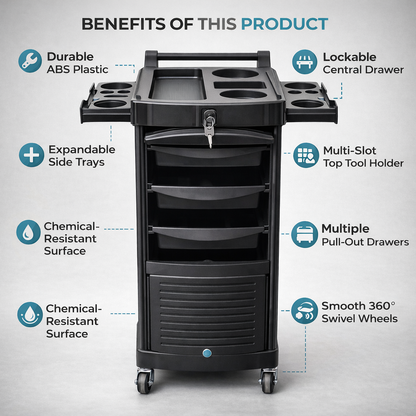 Black tool cart with features listed on a white background
