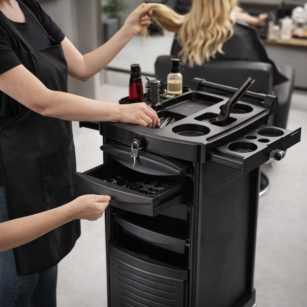 Black hair styling station with tools and products in a salon setting