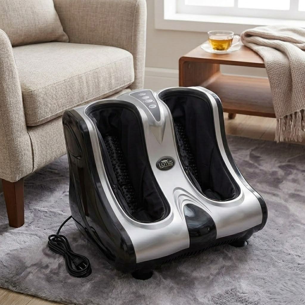 Foot massager in a living room setting with a couch and small table in the background.