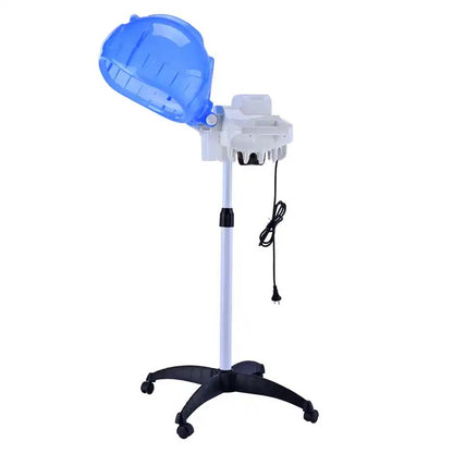 Blue hair dryer on a stand with a white background